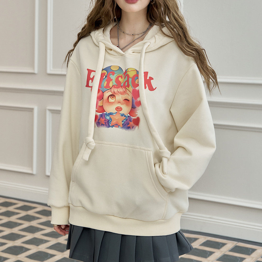 ELFSACK 2024 Winter New Arrivals Original cartoon print retro hooded sweatshirt for women