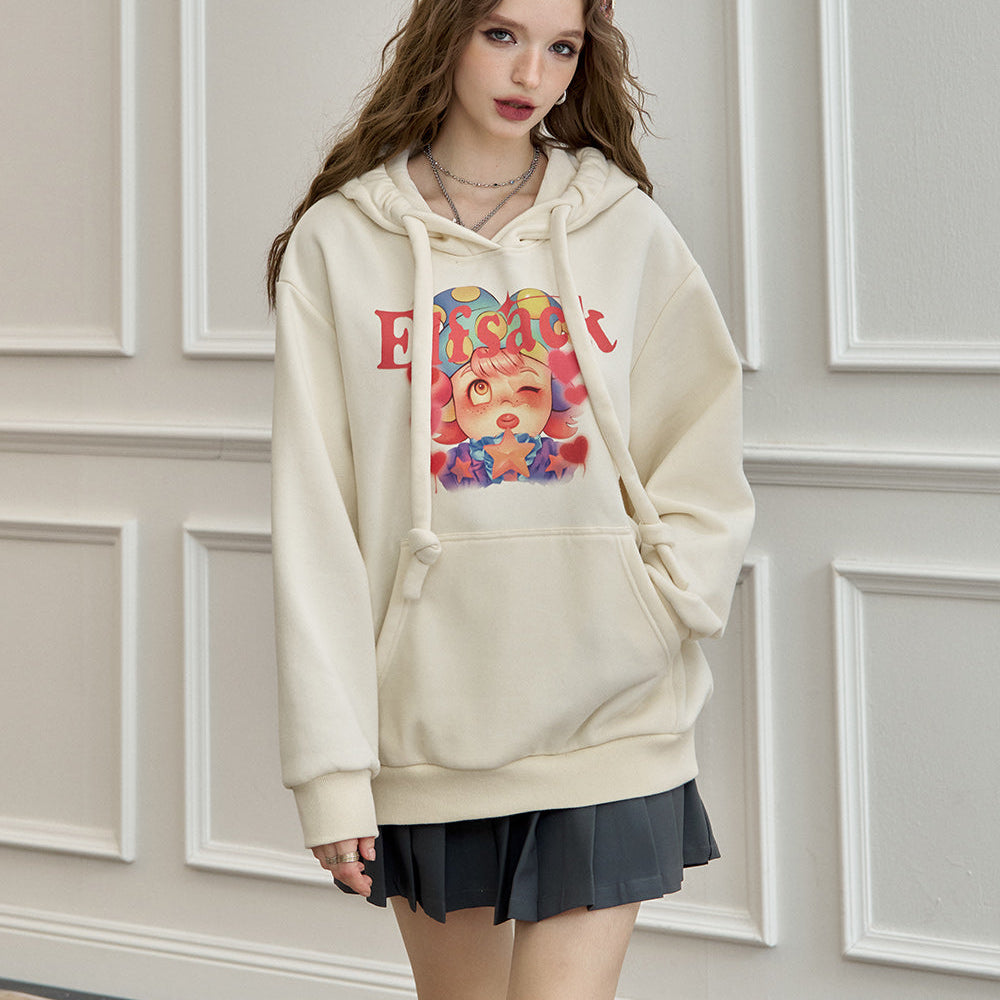 ELFSACK 2024 Winter New Arrivals Original cartoon print retro hooded sweatshirt for women