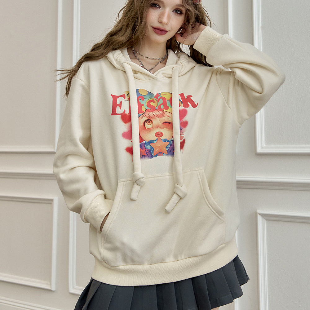 
                  
                    ELFSACK 2024 Winter New Arrivals Original cartoon print retro hooded sweatshirt for women
                  
                