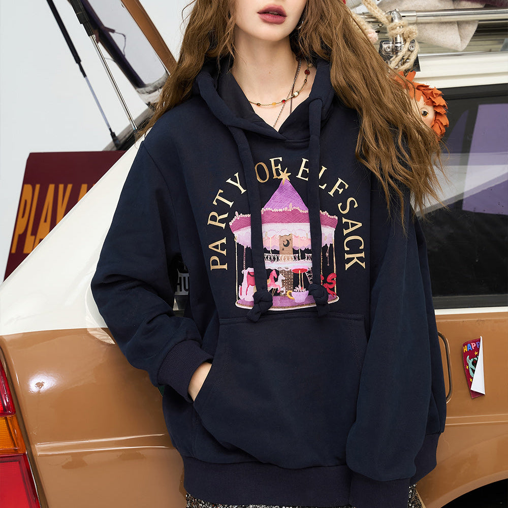 
                  
                    ELFSACK 2024 Winter New Arrivals Original cartoon print retro hooded sweatshirt for women
                  
                