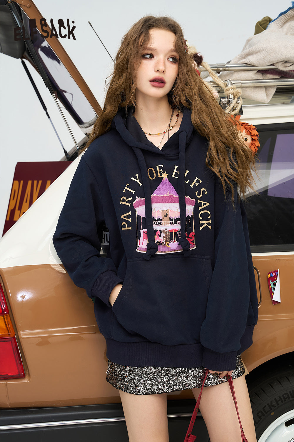 ELFSACK Original cartoon print retro hooded sweatshirt