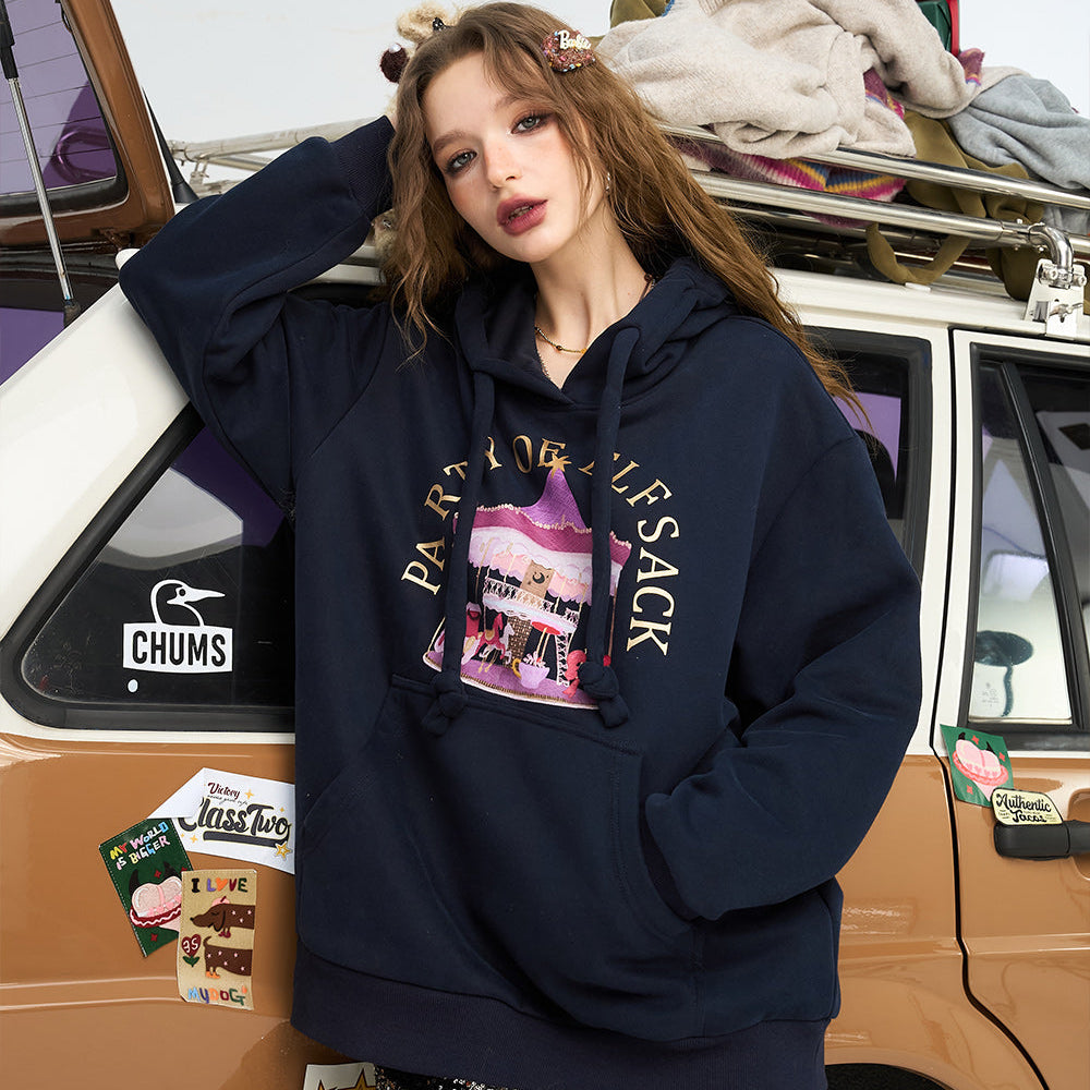 
                  
                    ELFSACK 2024 Winter New Arrivals Original cartoon print retro hooded sweatshirt for women
                  
                