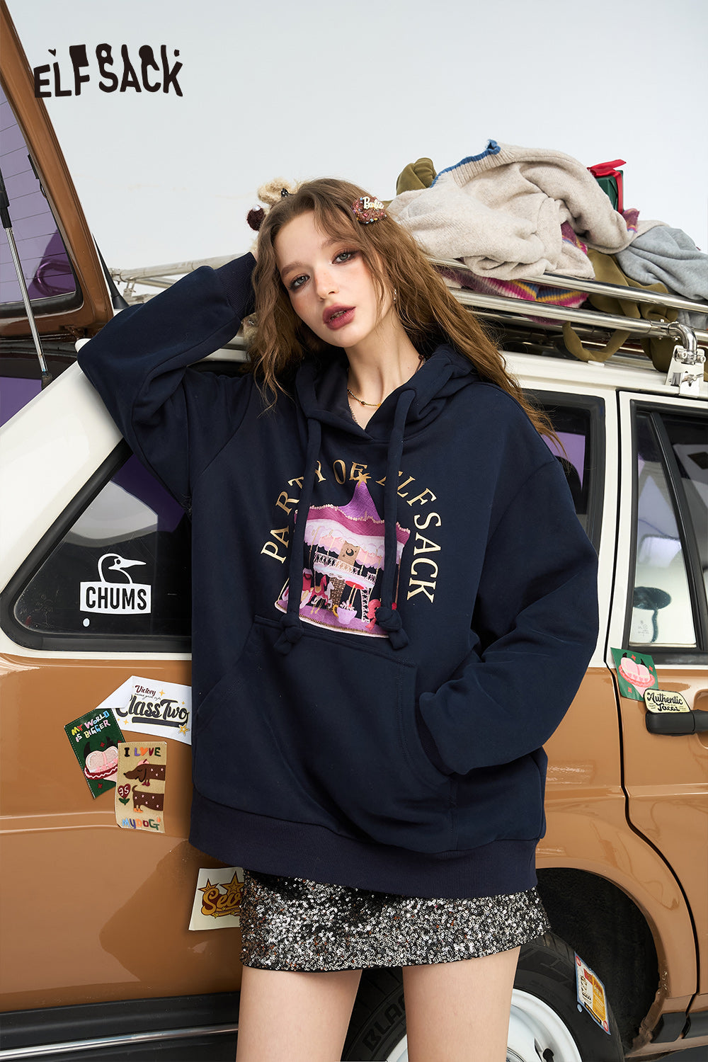 ELFSACK Original cartoon print retro hooded sweatshirt