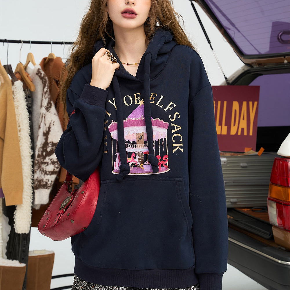 
                  
                    ELFSACK 2024 Winter New Arrivals Original cartoon print retro hooded sweatshirt for women
                  
                