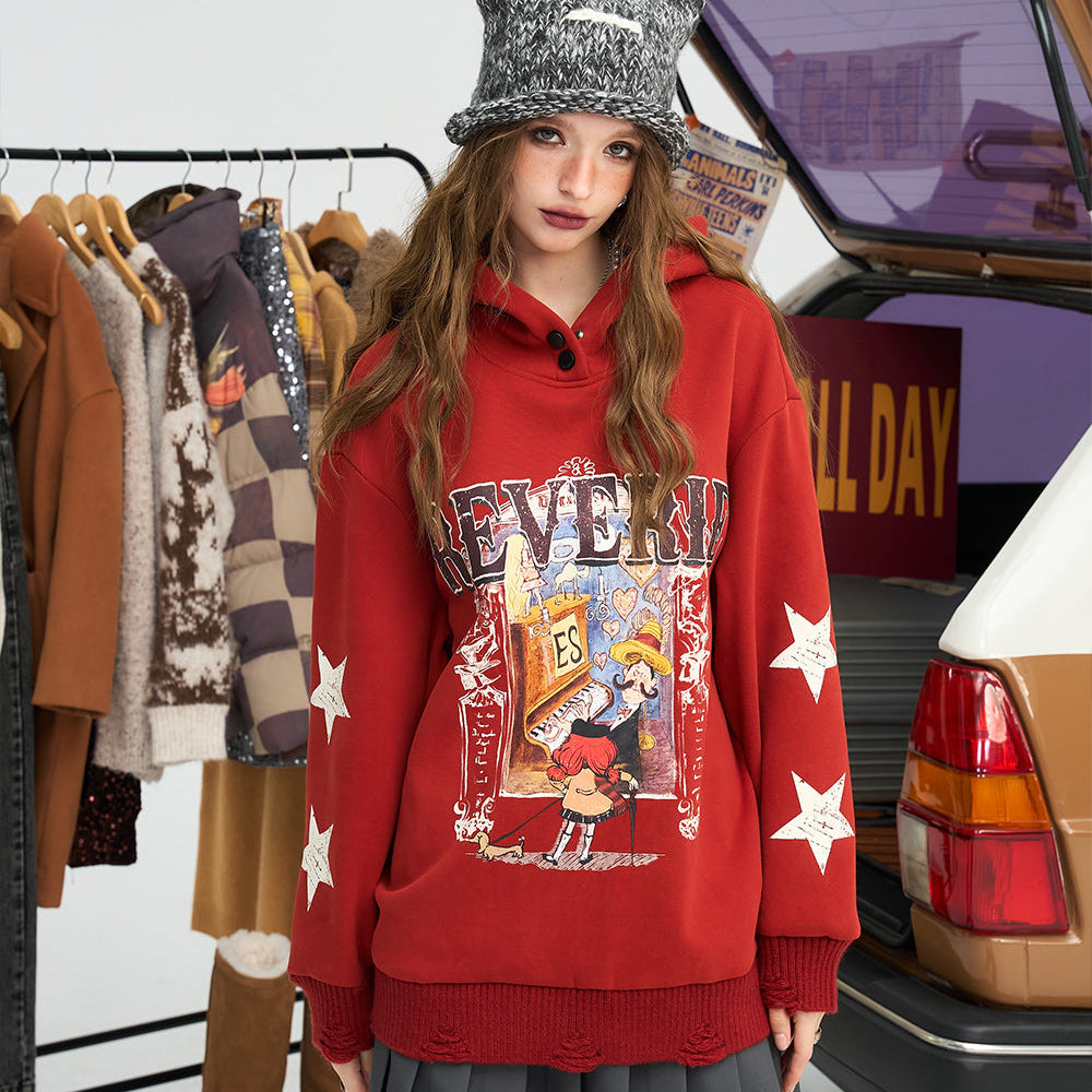 ELFSACK 2024 Winter New Arrivals Retro star cartoon printed hoodie for women