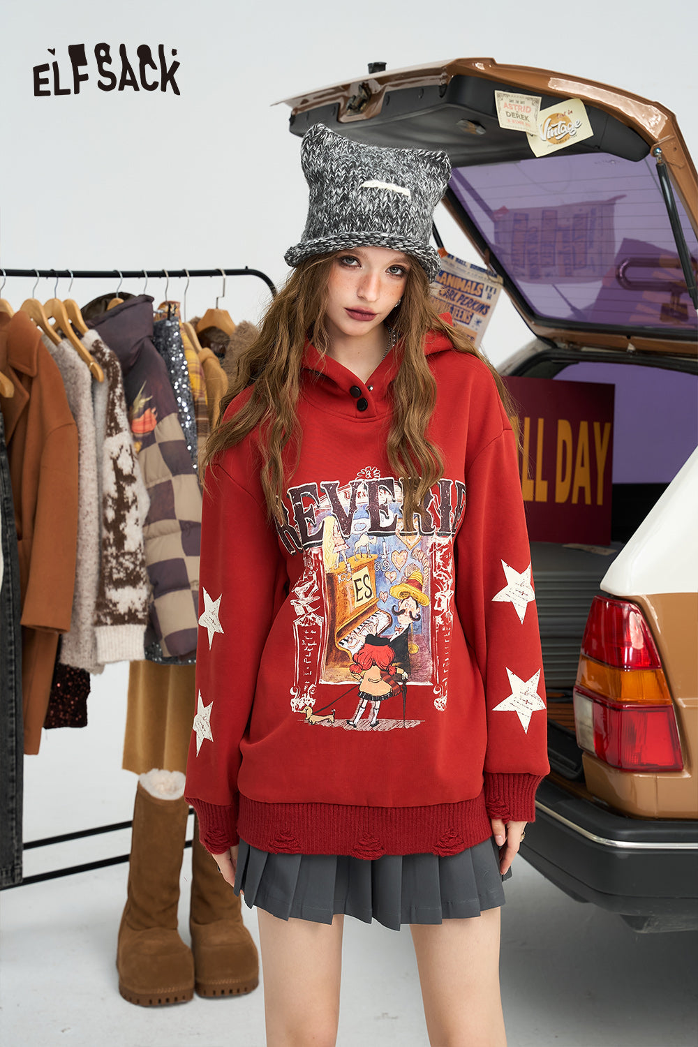 ELFSACK Retro star cartoon printed hoodie