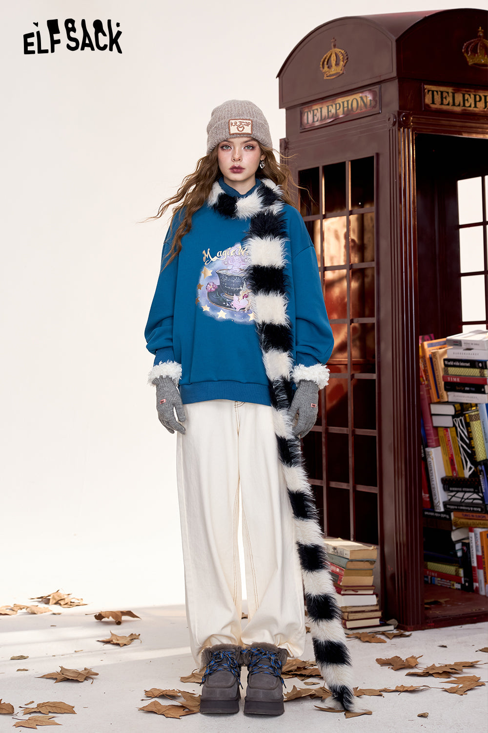 ELFSACK Original printed fake two-piece loose sweatshirt, retro American style plus velvet top