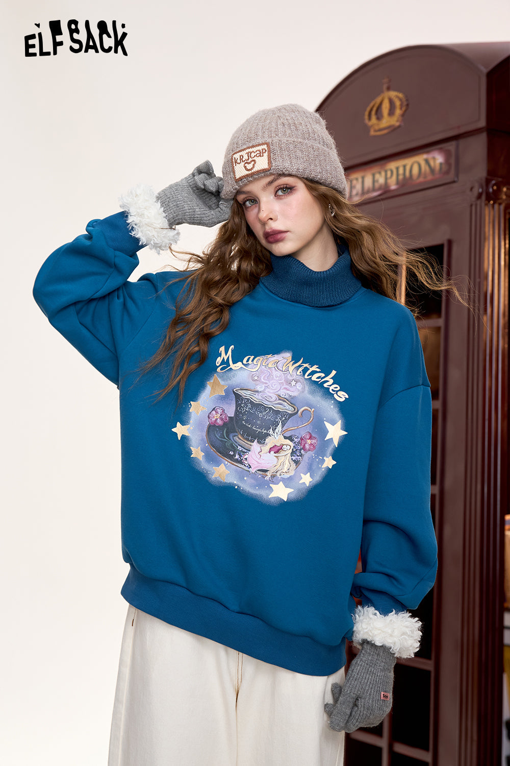 ELFSACK Original printed fake two-piece loose sweatshirt, retro American style plus velvet top