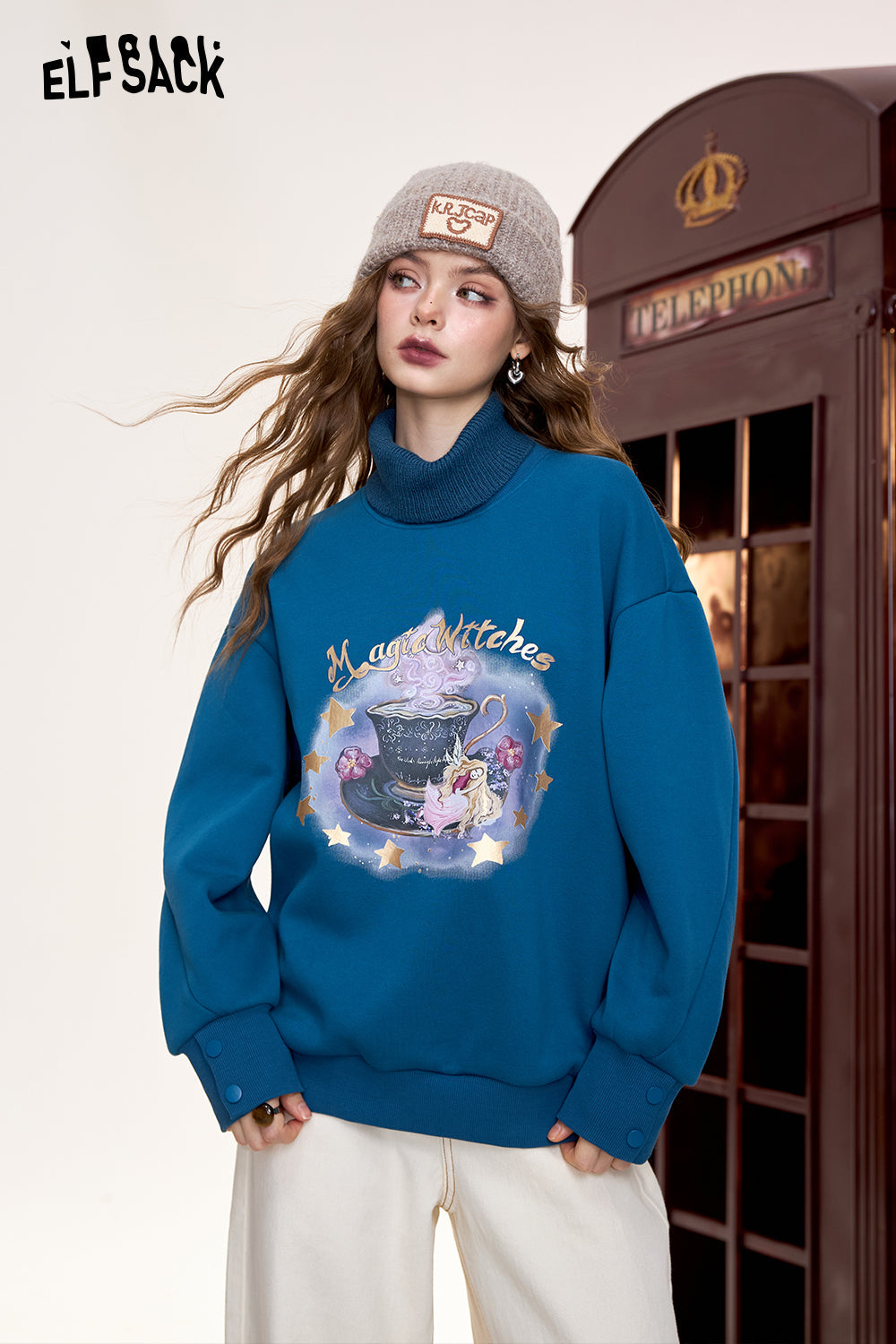 ELFSACK Original printed fake two-piece loose sweatshirt, retro American style plus velvet top