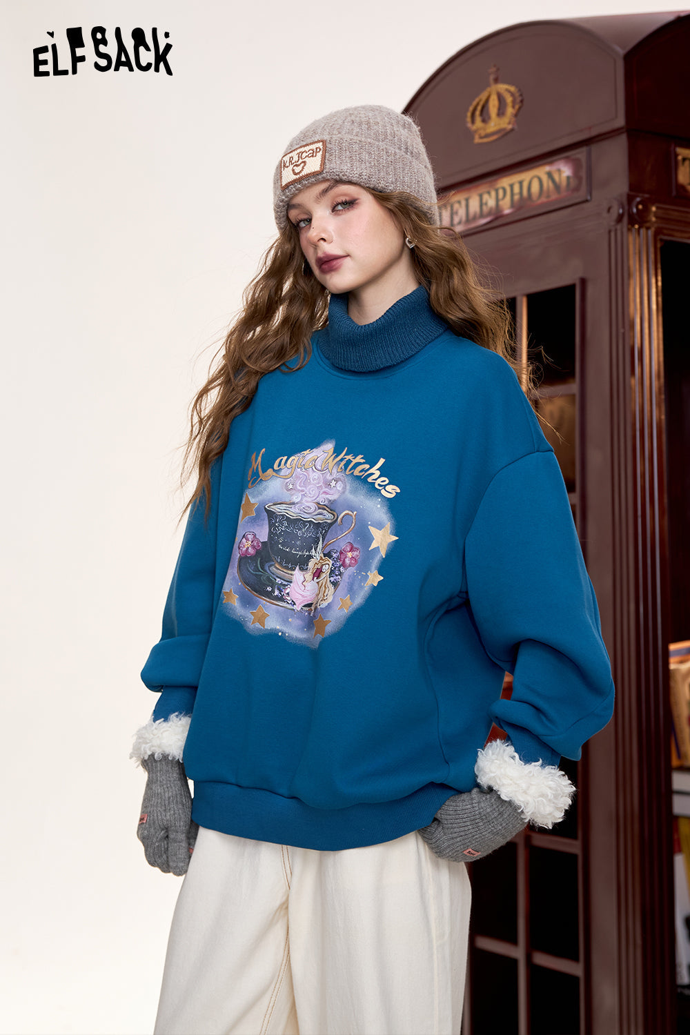 ELFSACK Original printed fake two-piece loose sweatshirt, retro American style plus velvet top