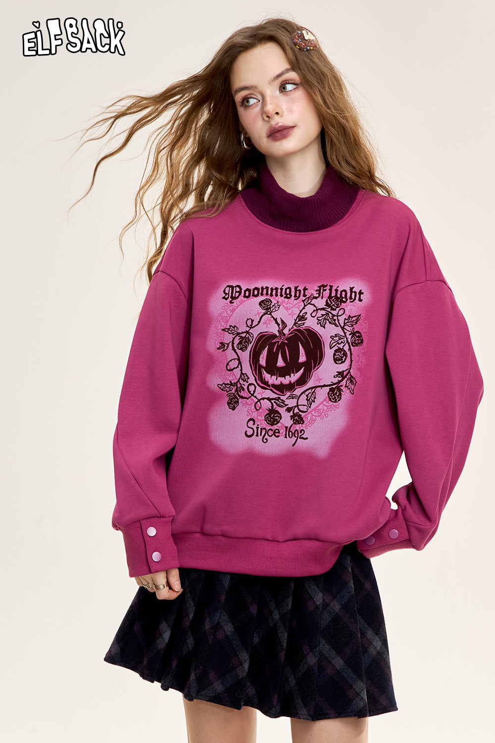 ELFSACK Original printed fake two-piece loose sweatshirt, retro American style plus velvet top