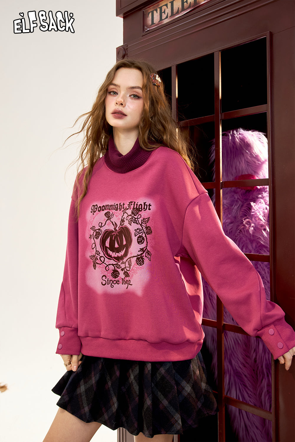 ELFSACK Original printed fake two-piece loose sweatshirt, retro American style plus velvet top