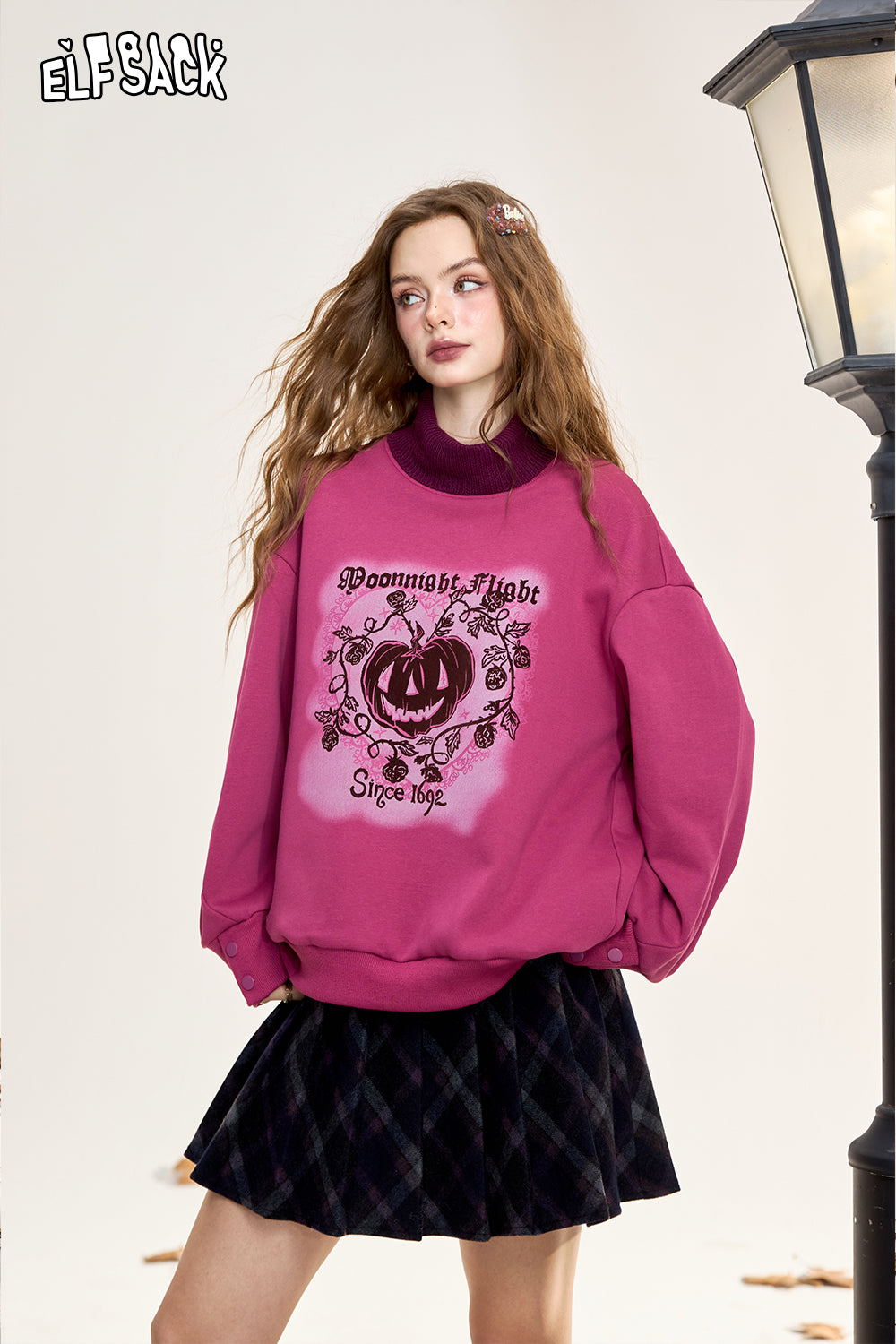 ELFSACK Original printed fake two-piece loose sweatshirt, retro American style plus velvet top