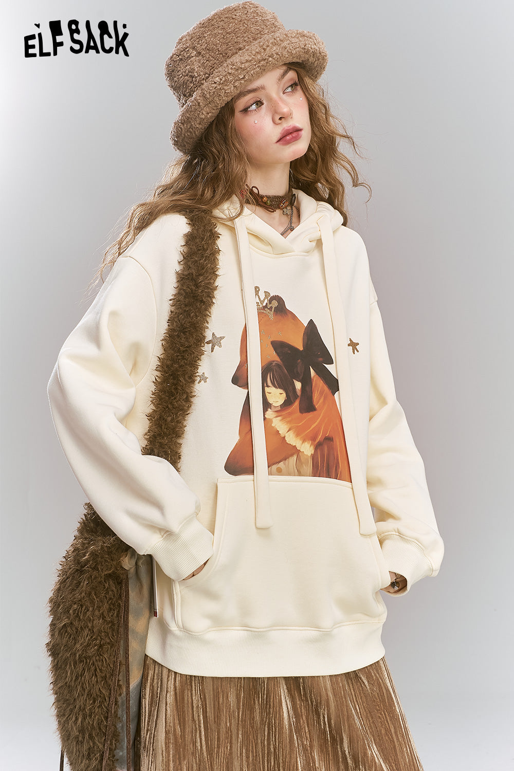 ELFSACK Maillard Cartoon Printed Velvet Hoodie, Loose Casual Top