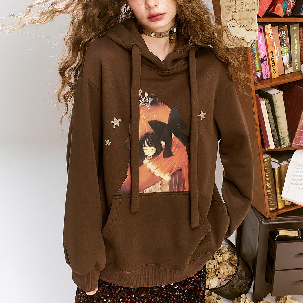 
                  
                    ELFSACK 2024 Winter New Arrivals Maillard Cartoon Printed Velvet Hoodie for Women, Loose Casual Top
                  
                