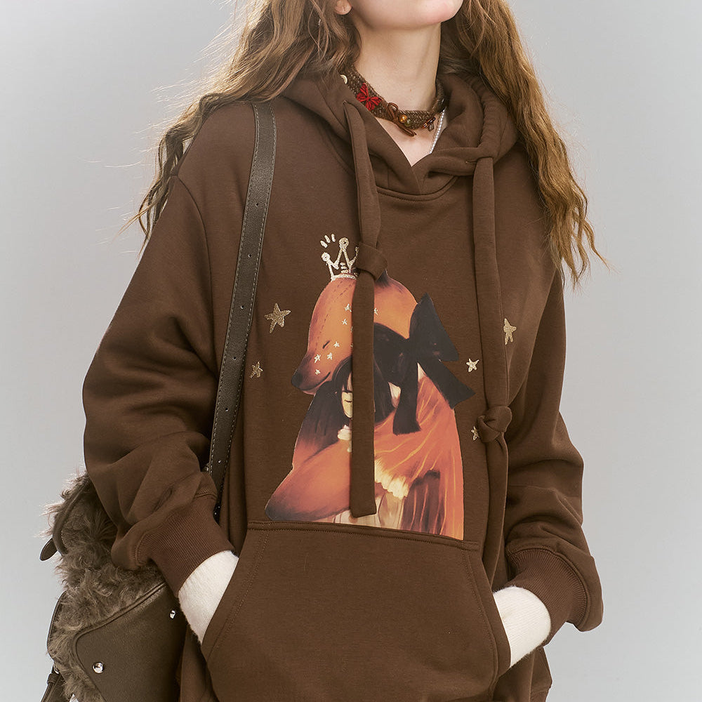 
                  
                    ELFSACK 2024 Winter New Arrivals Maillard Cartoon Printed Velvet Hoodie for Women, Loose Casual Top
                  
                