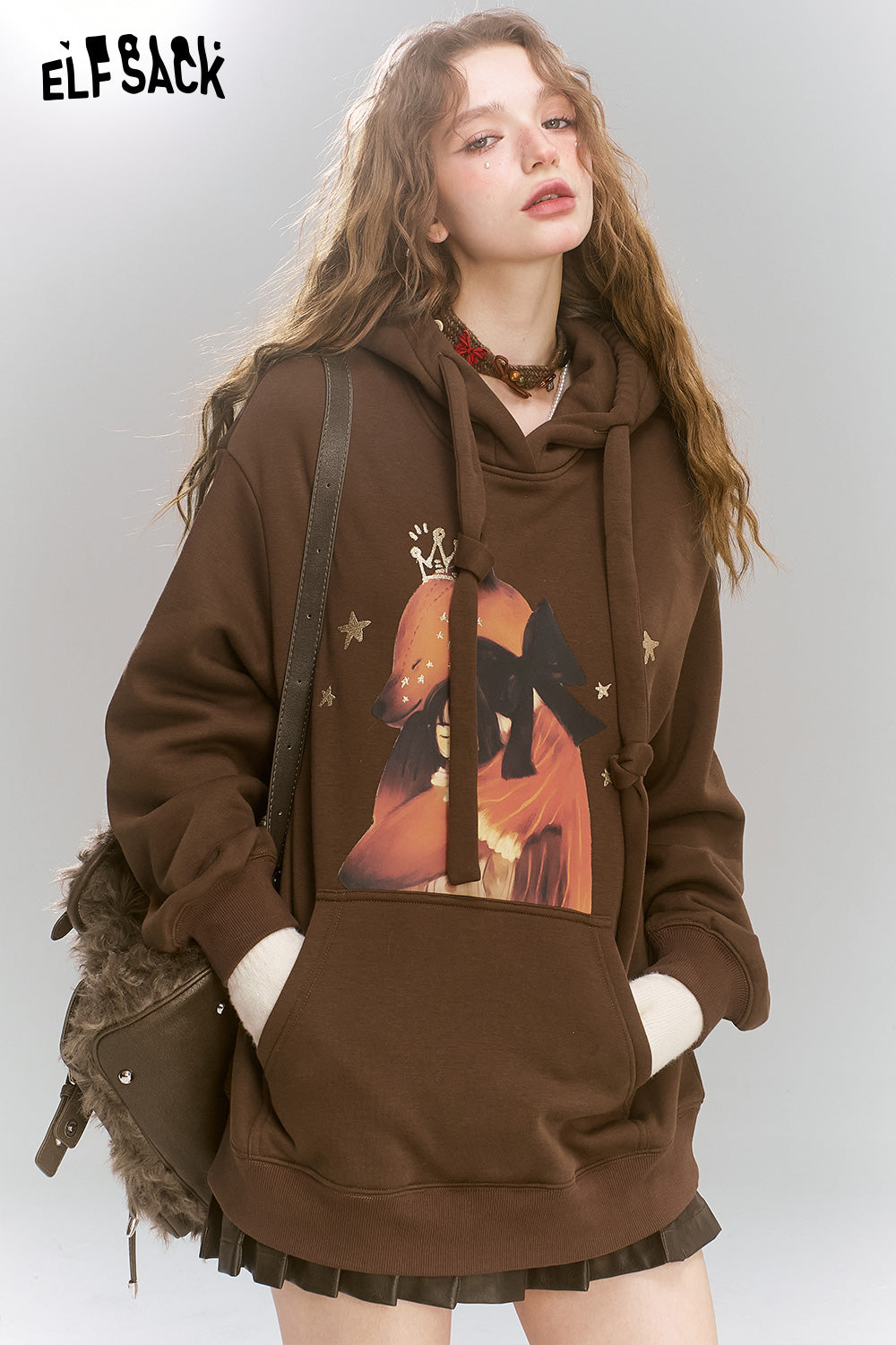 ELFSACK Maillard Cartoon Printed Velvet Hoodie, Loose Casual Top