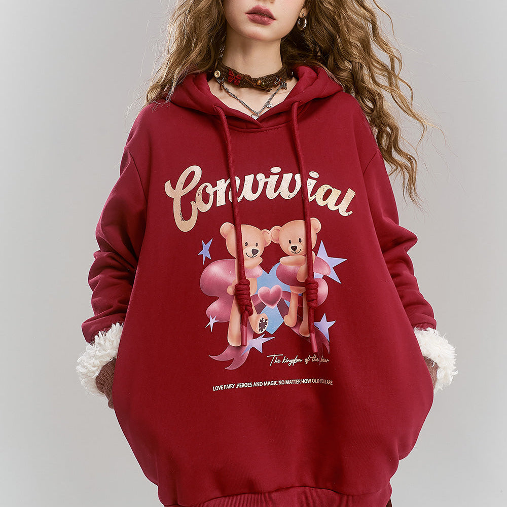 
                  
                    ELFSACK 2024 Winter New Arrivals Original printed red hooded fleece warm hoodie for women
                  
                