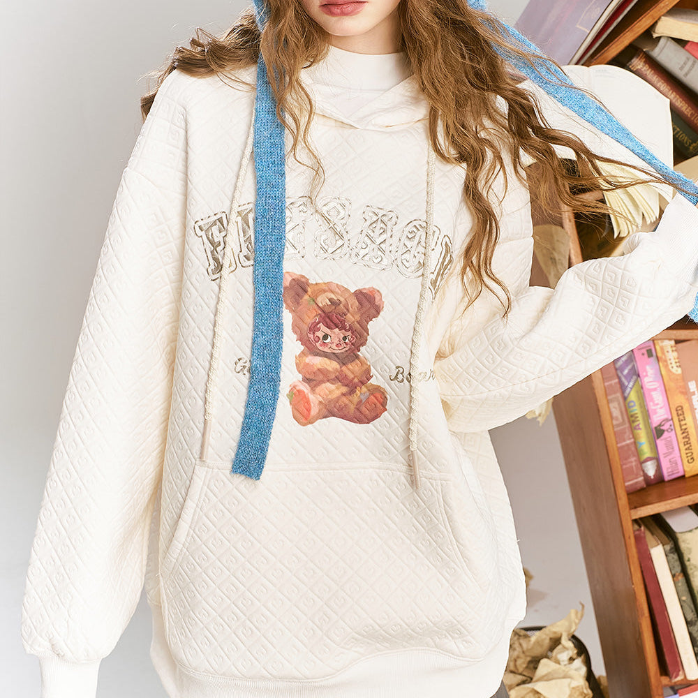 
                  
                    ELFSACK 2024 Winter New Arrivals Cute teddy bear printed white hooded sweatshirt for women composite texture top
                  
                