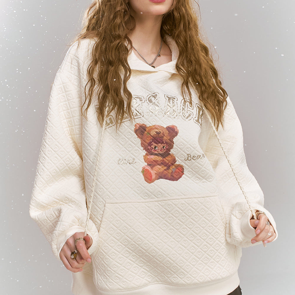 
                  
                    ELFSACK 2024 Winter New Arrivals Cute teddy bear printed white hooded sweatshirt for women composite texture top
                  
                