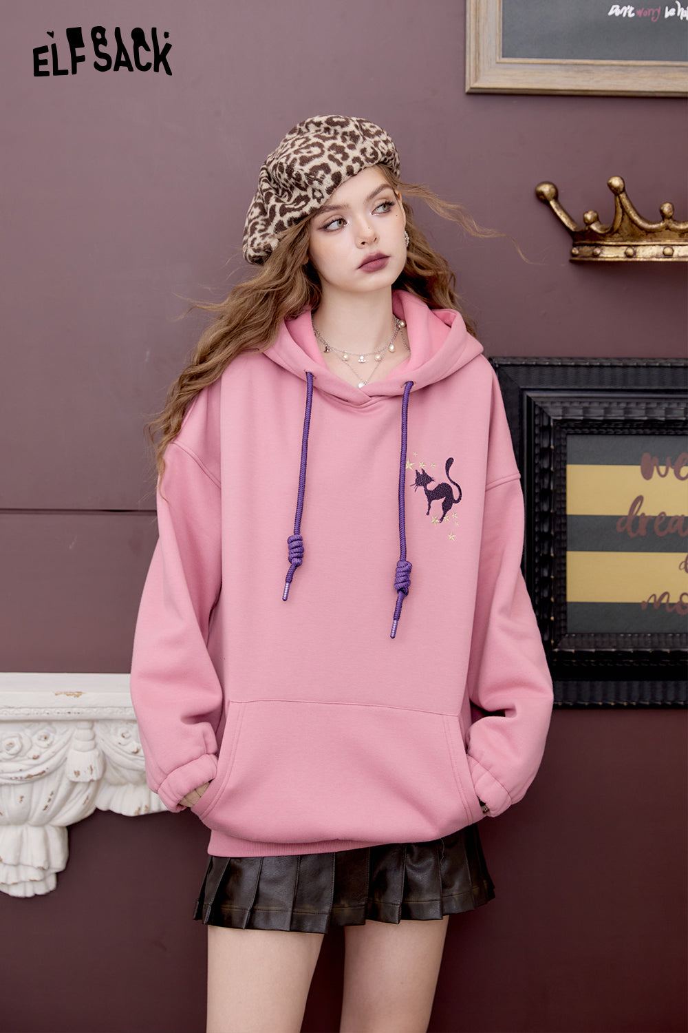 ELFSACK Loose Preppy style witch embroidery hoodie retro cute fleece top