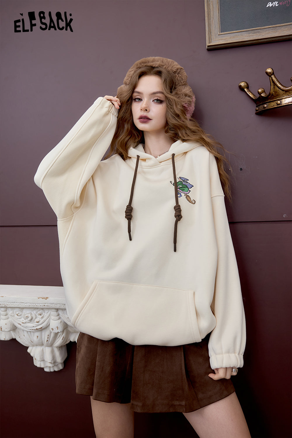 ELFSACK Loose Preppy style witch embroidery hoodie retro cute fleece top