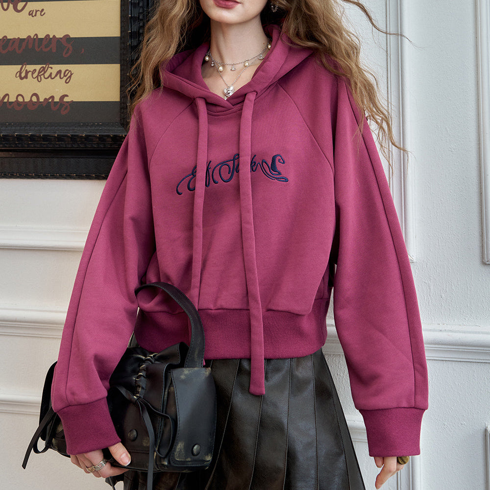 ELFSACK 2024 Winter New Arrivals Letter retro pink hooded sweatshirt for women