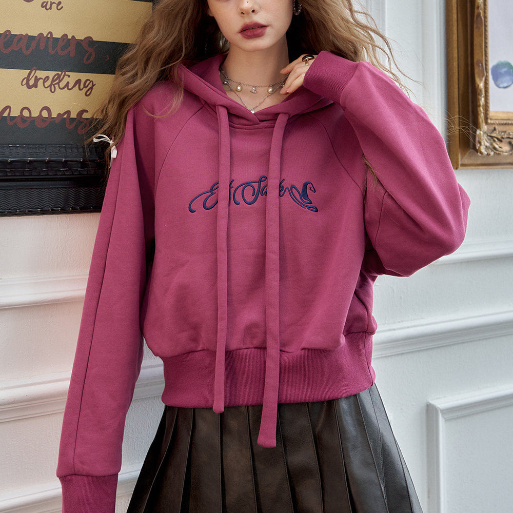 ELFSACK 2024 Winter New Arrivals Letter retro pink hooded sweatshirt for women