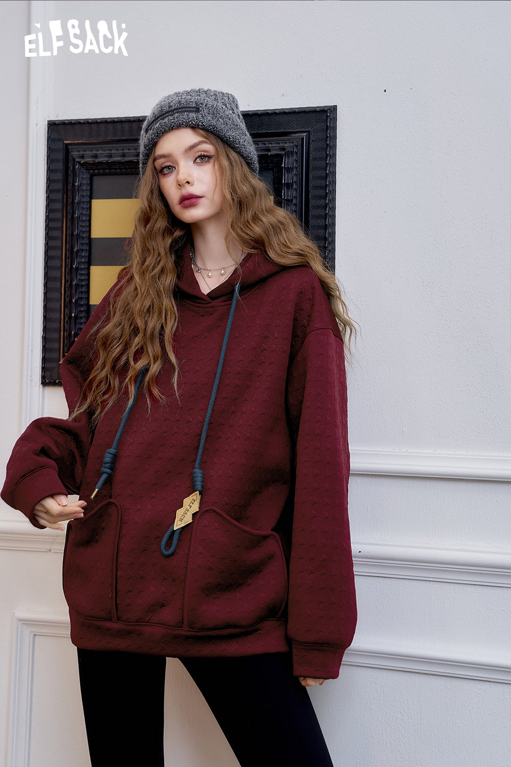 ELFSACK Preppy style loose hoodie women cute fleece top