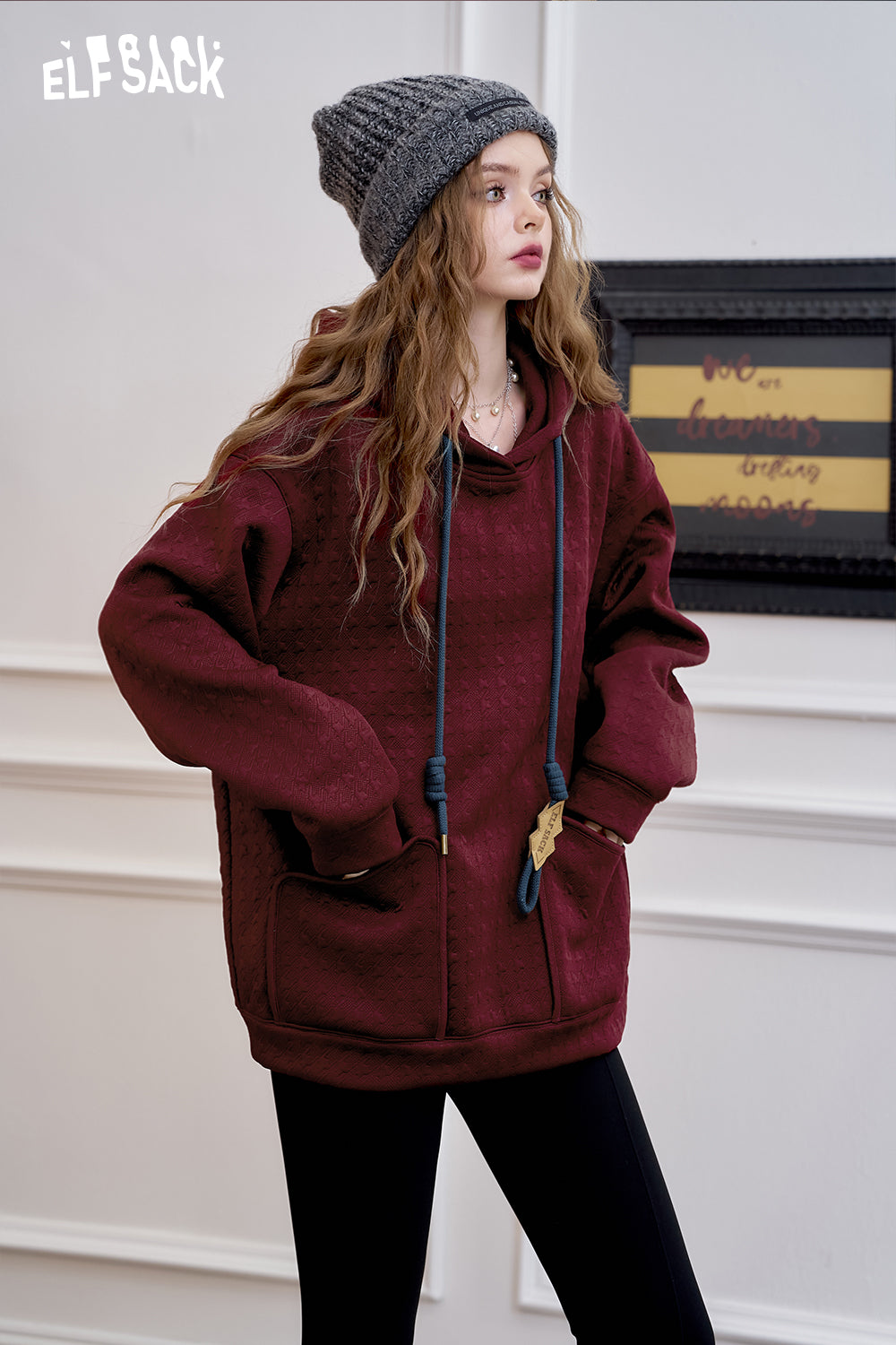 ELFSACK Preppy style loose hoodie women cute fleece top