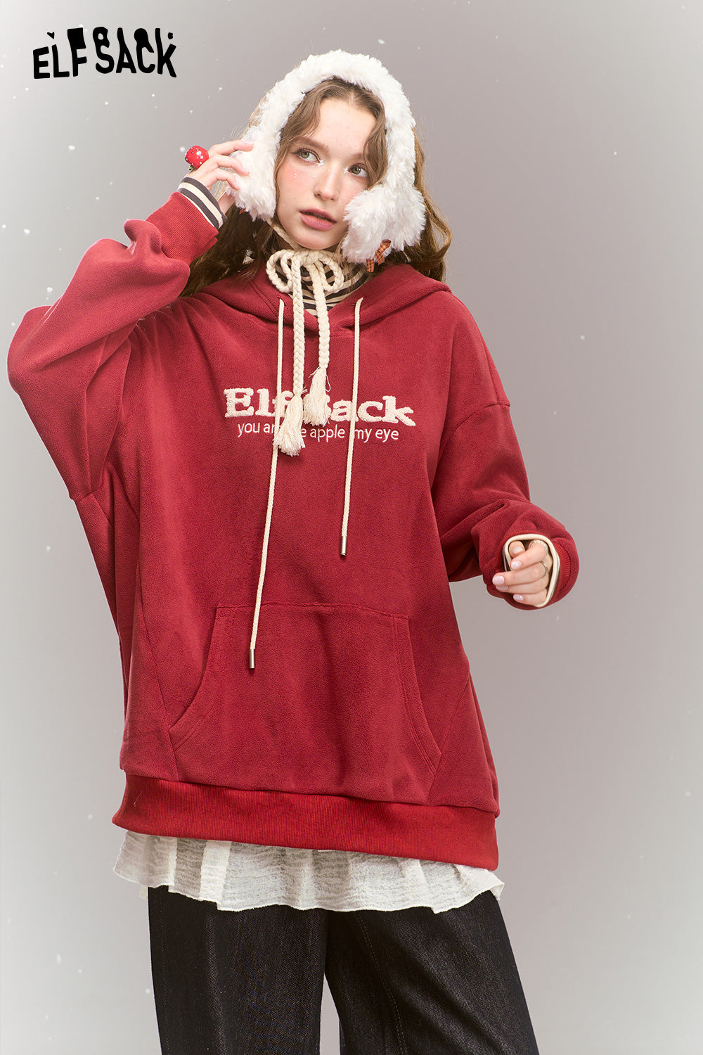 ELFSACK Red Retro Casual Striped Turtleneck Plus Velvet Loose Hoodie
