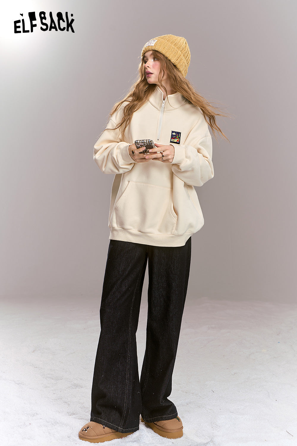 ELFSACK Polo collar half zip fleece sweatshirt, loose fitting Preppy style casual top