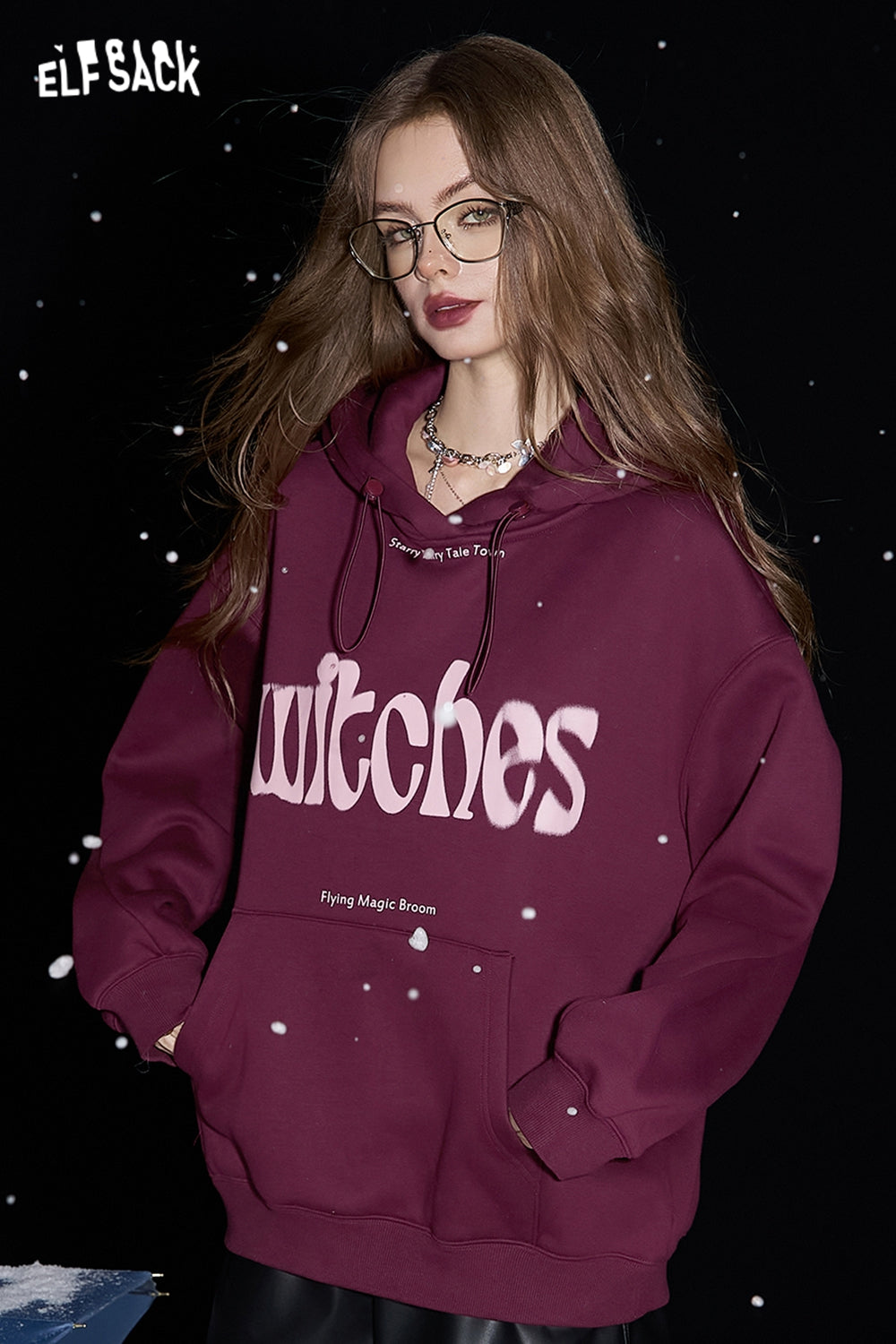 ELFSACK Retro Maillard Letter Plush Hoodies Women Loose Casual Warm Tops