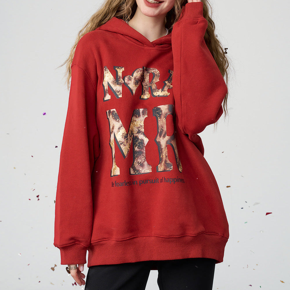 
                  
                    ELFSACK 2024 Winter New Arrivals Retro red leopard print with fleece hoodie for women, Christmas loose casual top
                  
                