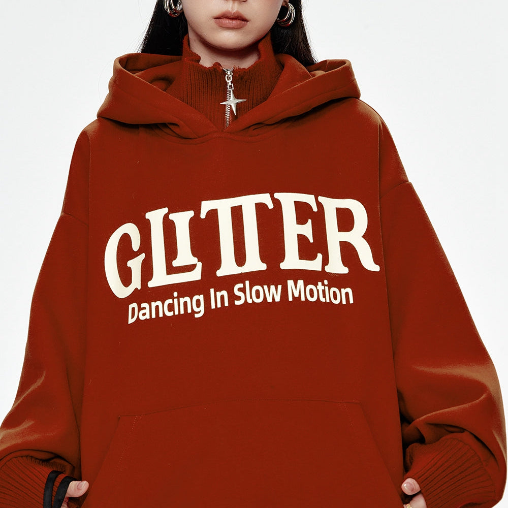 ELFSACK 2024 Winter New Arrivals Red letter printing knitted collar stitching plus velvet hoodie women loose casual retro