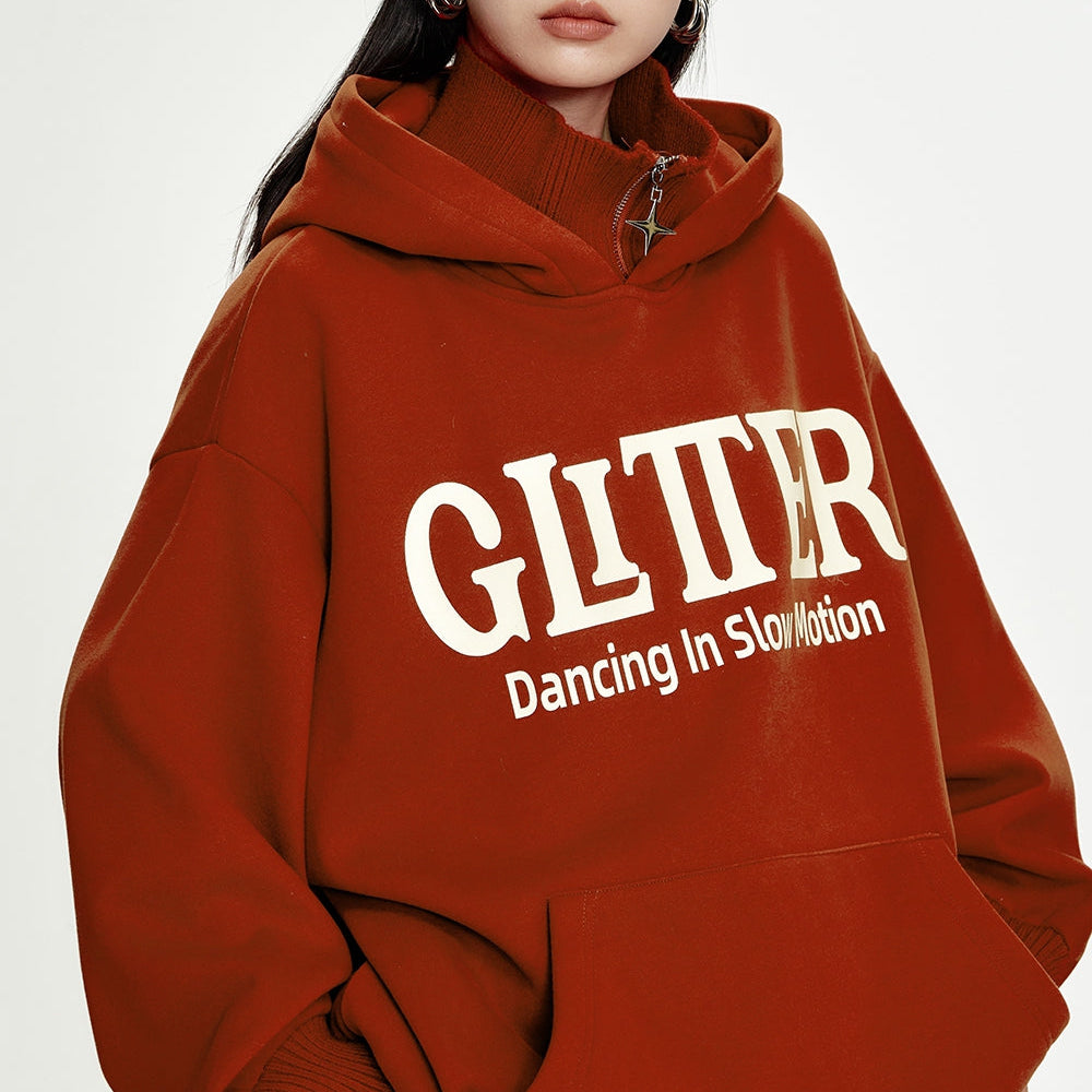 ELFSACK 2024 Winter New Arrivals Red letter printing knitted collar stitching plus velvet hoodie women loose casual retro