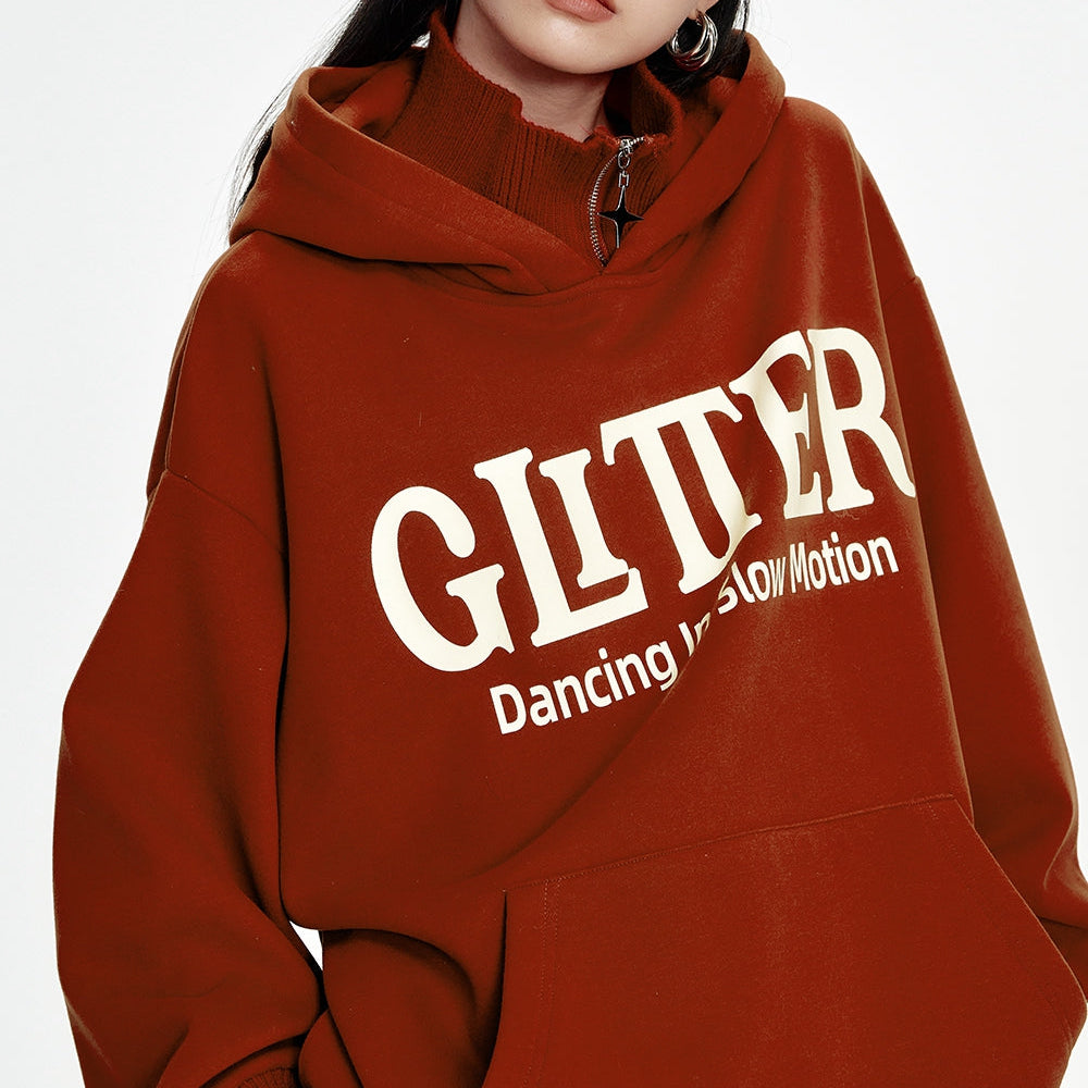 
                  
                    ELFSACK 2024 Winter New Arrivals Red letter printing knitted collar stitching plus velvet hoodie women loose casual retro
                  
                