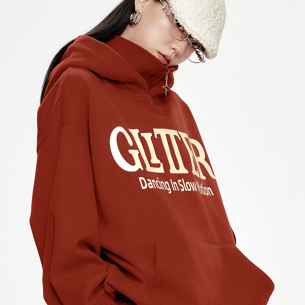 
                  
                    ELFSACK 2024 Winter New Arrivals Red letter printing knitted collar stitching plus velvet hoodie women loose casual retro
                  
                