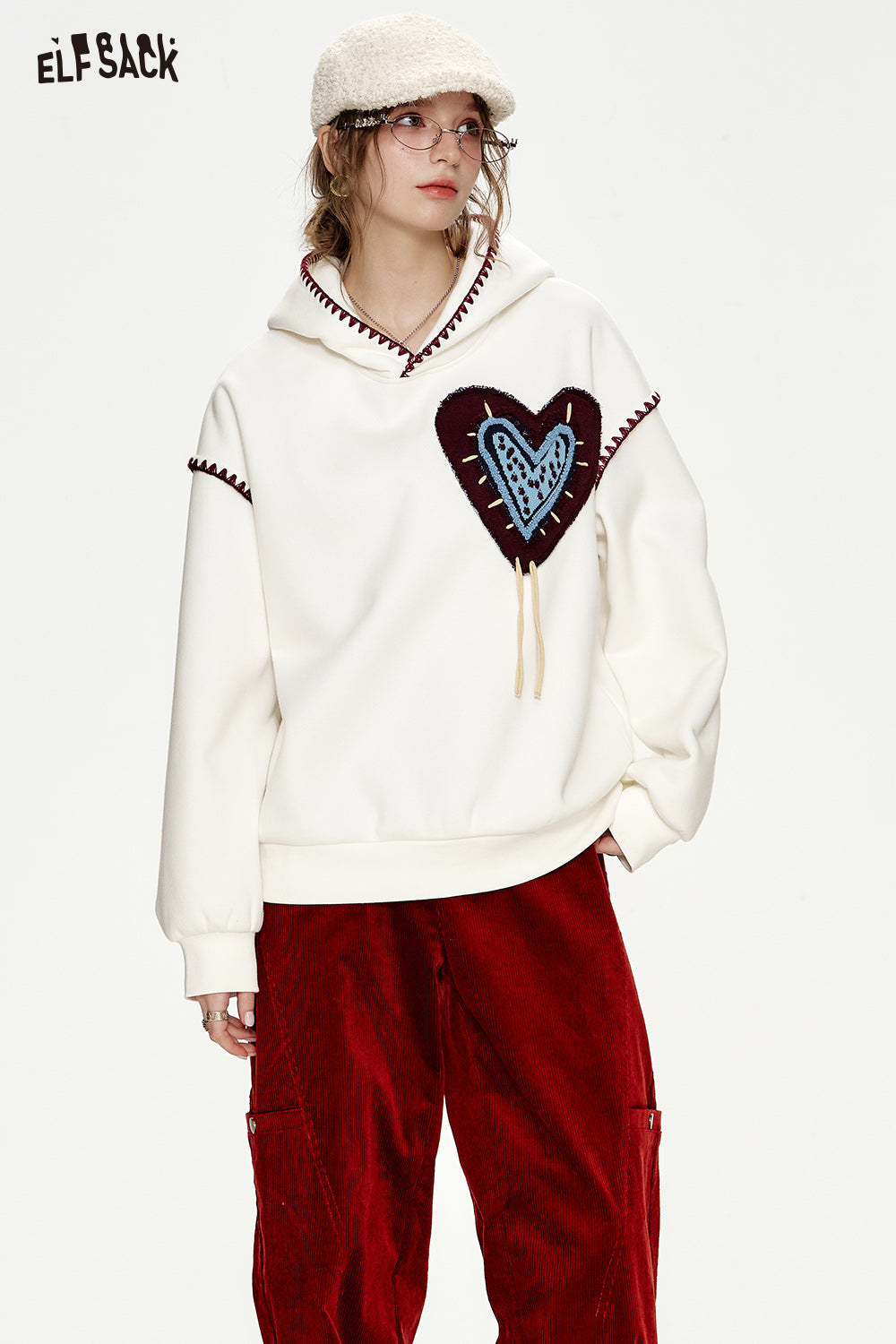 ELFSACK White Heart Jacquard Shell Thread Hooded Plush Hoodie