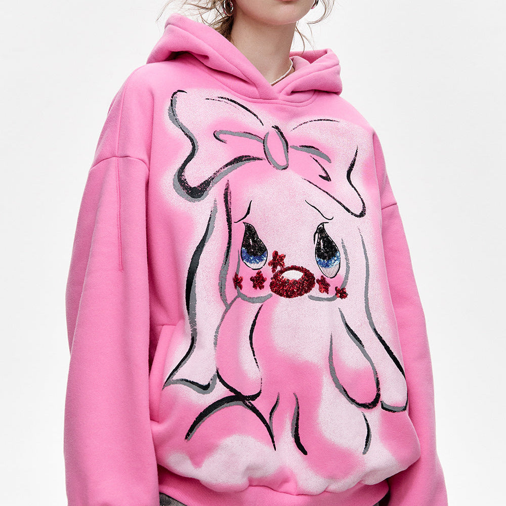 ELFSACK 2024 Winter New Arrivals Y2K Pink Cartoon Rabbit Printed Hoodie with Velvet for Women