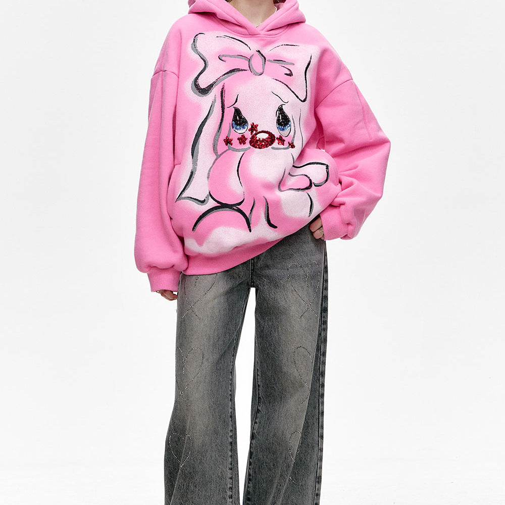 
                  
                    ELFSACK 2024 Winter New Arrivals Y2K Pink Cartoon Rabbit Printed Hoodie with Velvet for Women
                  
                