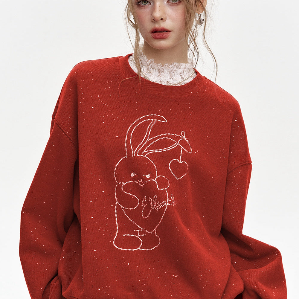 ELFSACK 2024 Winter New Arrivals Round neck loose new year red plus velvet sweatshirt for women