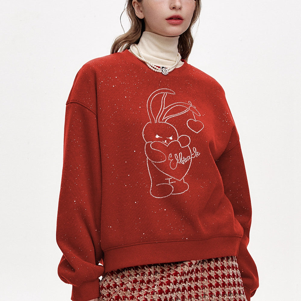 ELFSACK 2024 Winter New Arrivals Round neck loose new year red plus velvet sweatshirt for women