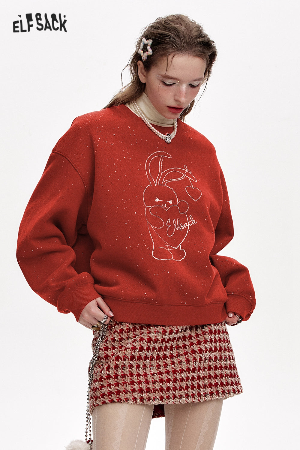 ELFSACK Round neck loose year red plus velvet sweatshirt