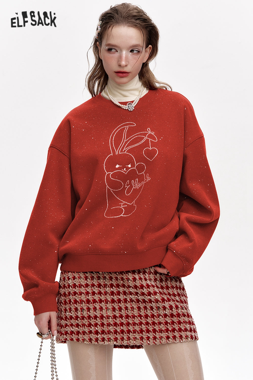 ELFSACK Round neck loose year red plus velvet sweatshirt