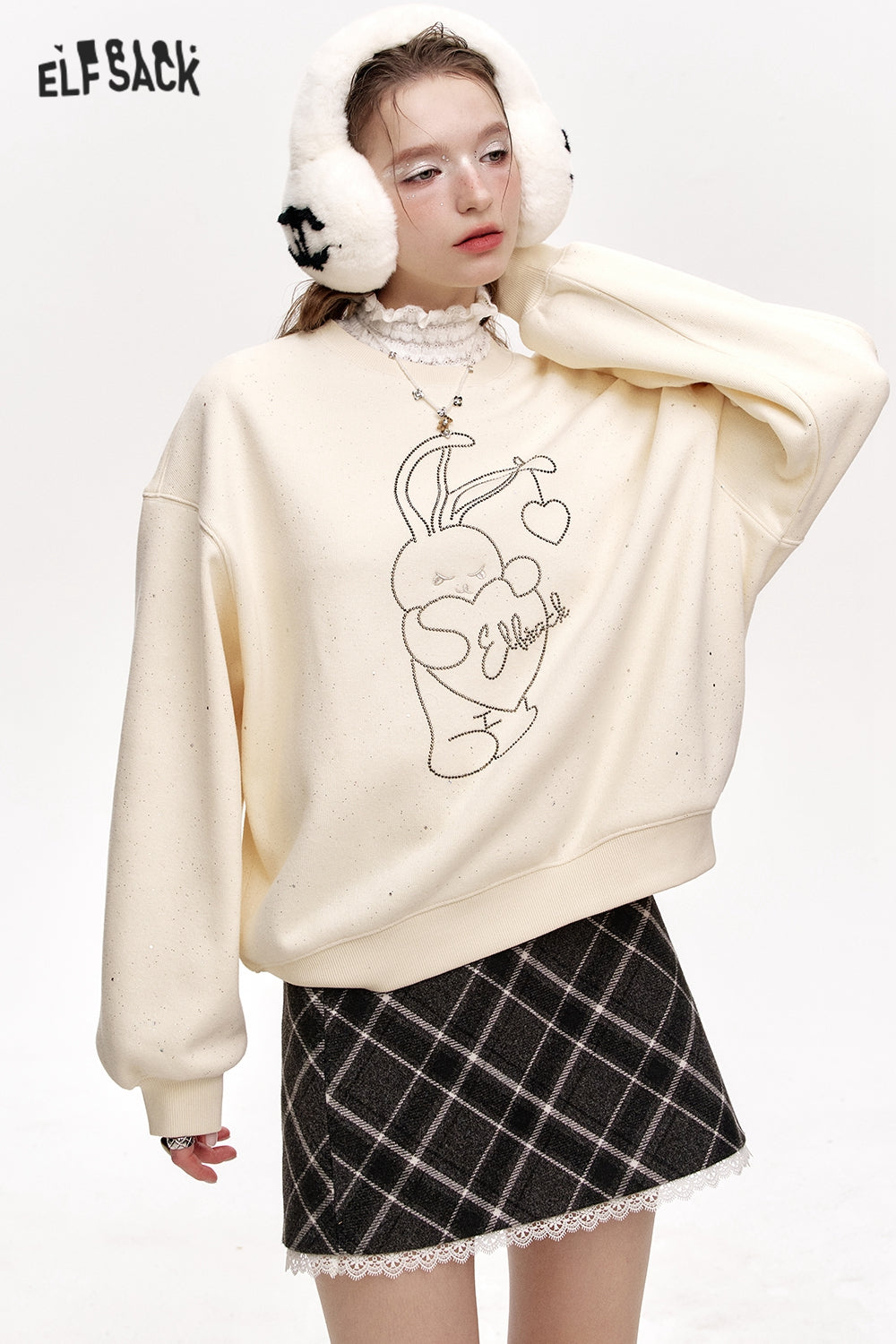 ELFSACK Round neck loose year red plus velvet sweatshirt