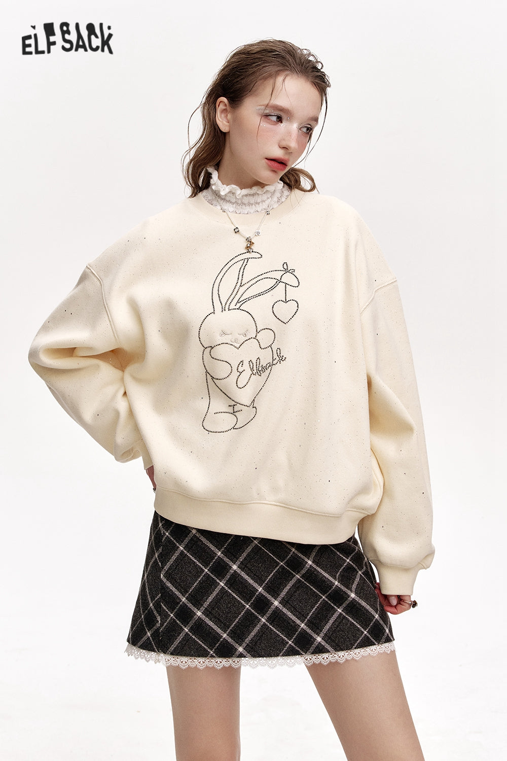 ELFSACK Round neck loose year red plus velvet sweatshirt