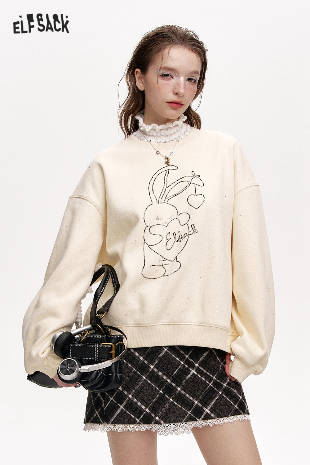 ELFSACK Round neck loose year red plus velvet sweatshirt