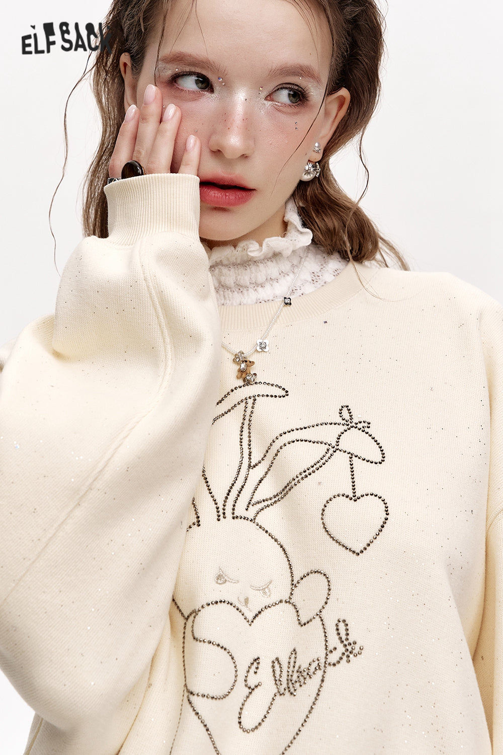 ELFSACK Round neck loose year red plus velvet sweatshirt