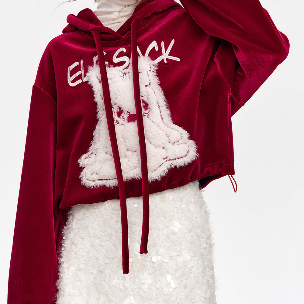 ELFSACK 2024 Winter New Arrivals Y2K New Year Red Rabbit Printed Velvet Short Hoodie for Women